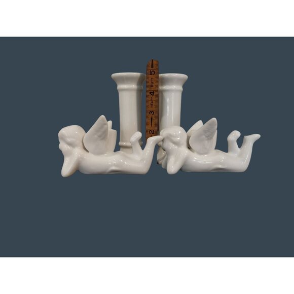 Vintage Cherub Angel Cupid And White Columns Ceramic Candlestick Candle Holders - Picture 6 of 7